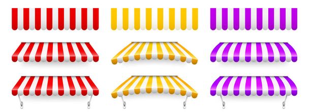 Colorful red, yellow and violet shop sunshade with metal mount. Realistic striped cafe awning. Outdoor market tent. Roof canopy. Summer street store. Vector illustration. - Vektor, Bild
