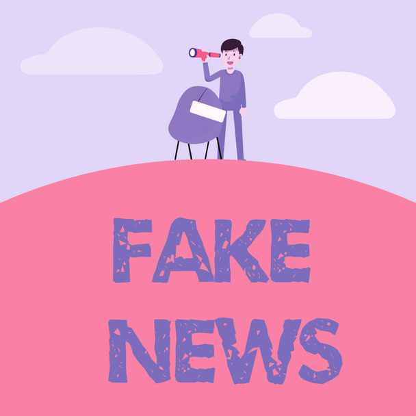 Text showing inspiration Fake News. Word Written on false information publish under the guise of being authentic news Man Binoculars Illustration Standing Chair With Sign Looking Opportunities. - Foto, immagini