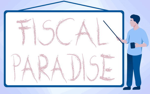 Inspiration showing sign Fiscal Paradise. Business overview The waste of public money is a great concern topic School Instructor Drawing Pointing Stick Whiteboard While Holding Cup. - Foto, Imagem