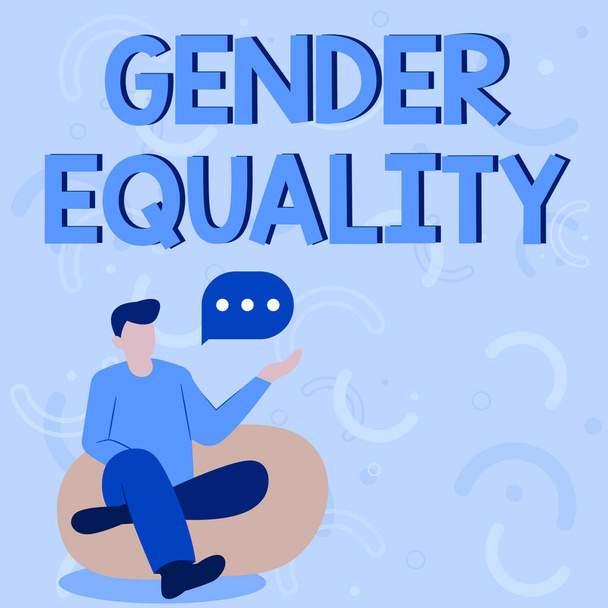 Sign displaying Gender Equality. Business concept access to same privilege given to both men and women Illustration Of Businessman Sitting On Soft Sofa Chair Talking. - Photo, Image