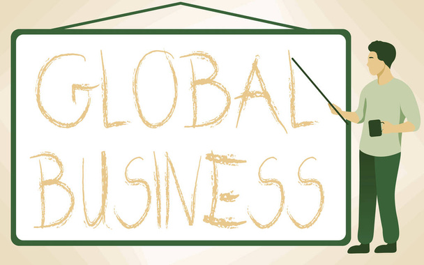 Hand writing sign Global Business. Business overview Trade and business system a company doing across the world School Instructor Drawing Pointing Stick Whiteboard While Holding Cup. - Foto, Bild