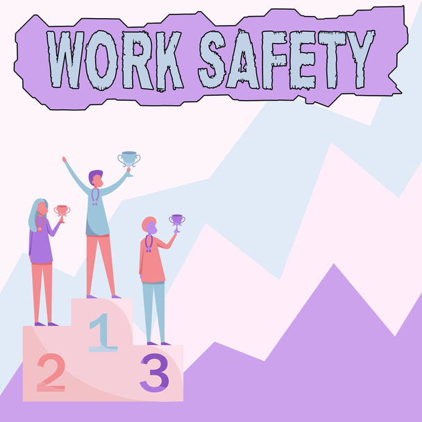 Text sign showing Work Safety. Internet Concept preventive measures applied by firms to protect workers health Three Competitors Standing On Podium Holding Trophies Celebrating Victory. - Photo, Image