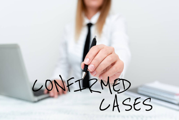 Text sign showing Confirmed Cases. Conceptual photo set of circumstances or conditions requiring action Teaching New Ideas And Designs, Abstract Professor Giving Lectures - Фото, изображение