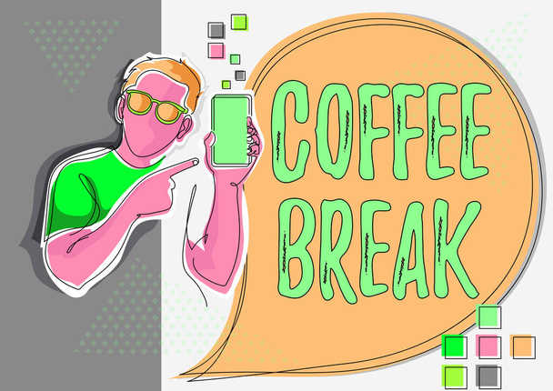 Tekstissä on inspiraatiota kahvitauolle. Käsite tarkoittaa lyhyt aika varattu kahvin juomiseen tekemättä mitään työtä Line Drawing Guy Holding Puhelin esittelee uusia ideoita Puhekupla. - Valokuva, kuva