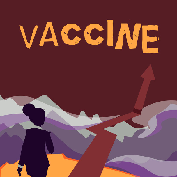 Sign displaying Vaccine. Business approach preparation of killed microorganisms or living attenuated organisms Lady Walking Towards Mountains With An Arrow Marking Success - Foto, Bild