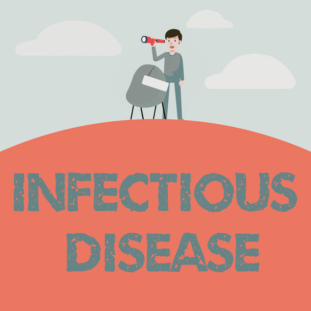 Writing displaying text Infectious Disease. Internet Concept caused by pathogenic microorganism, such as viruses, and more Man Binoculars Illustration Standing Chair With Sign Looking Opportunities. - Foto, immagini