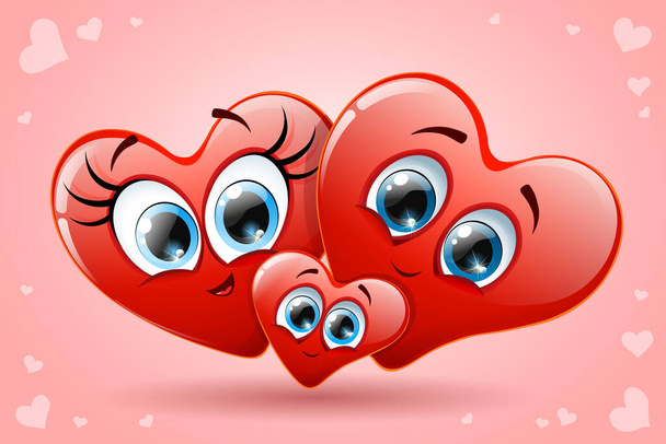 Hearts couple with little heart kid cartoon. Family Valentine concept on light red background - Вектор,изображение