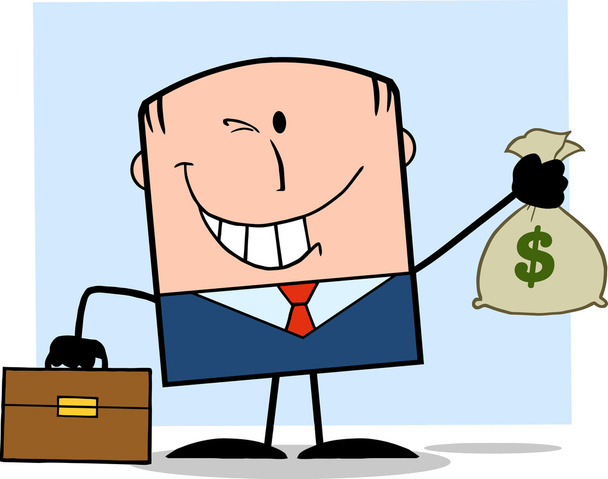 Winking Businessman With Briefcase Holding A Money Bag Character On Background - Photo, Image