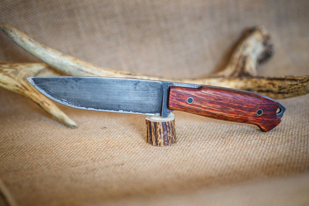 Cuchillo de caza con hoja bruñida y mango de madera amazaca - Foto, Imagen