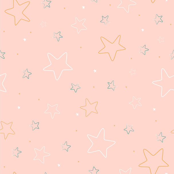 Pattern seamless picture with stars of white, yellow and blue color on a delicate pink background. - Vektör, Görsel