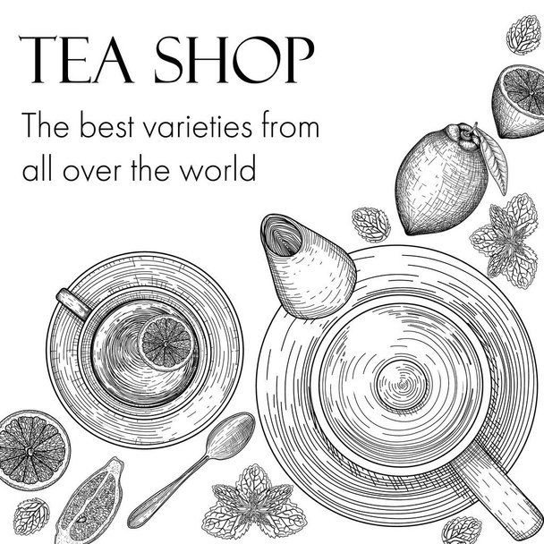  Vektoros banner sablon egy teabolthoz. Grafikus lineáris monokróm tea csészében, teáskanál, kanál, citromszeletek és szeletek, mentalevél - Vektor, kép