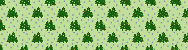 Seamless pattern. Image of green Christmas trees with balls and snowflakes on pastel pea backgrounds. Symbol of New Year and Christmas. Template for applying to surface. Banner for insertion into site. Horizontal image. 3D image. 3d rendering - Фото, изображение