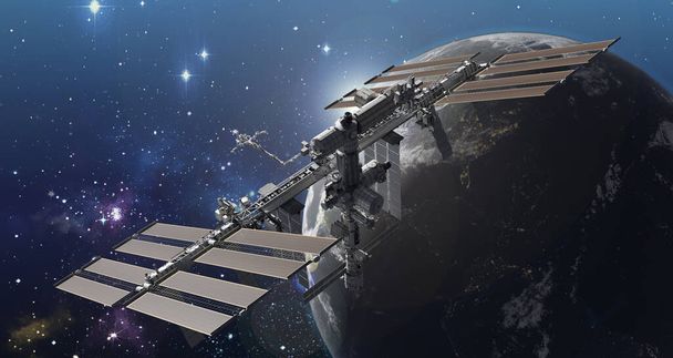 La Estación Espacial Internacional sobre el planeta Tierra al amanecer sobre el horizonte. Elementos de esta imagen proporcionados por la NASA. renderizado 3d. - Foto, imagen