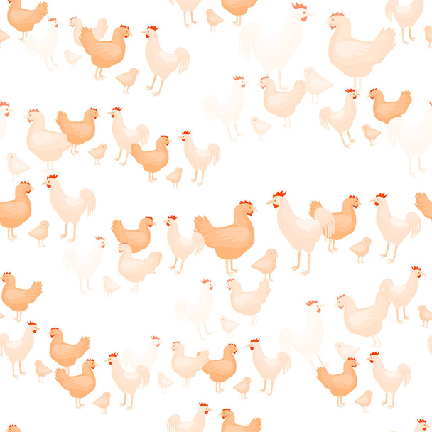 Seamless pattern of chicken family. Domestic animals on colorful background. Vector illustration for textile prints, fabric, banners, backdrops and wallpapers. - Вектор,изображение