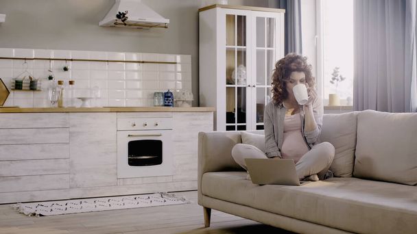妊娠中のフリーランサーはお茶を飲むとキッチンでソファの上にラップトップを使用  - 写真・画像