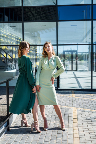 красиві дві дівчини позують влітку на природі в розкішних зелених сукнях. жіночий портрет
 - Фото, зображення