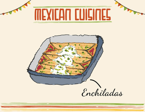 Enchilada - comida tradicional mexicana. Vector cor vintage gravada ilustração para menu, cartaz, web. Isolado em fundo branco. Ilustração vetorial isolada colorida mínima - Vetor, Imagem