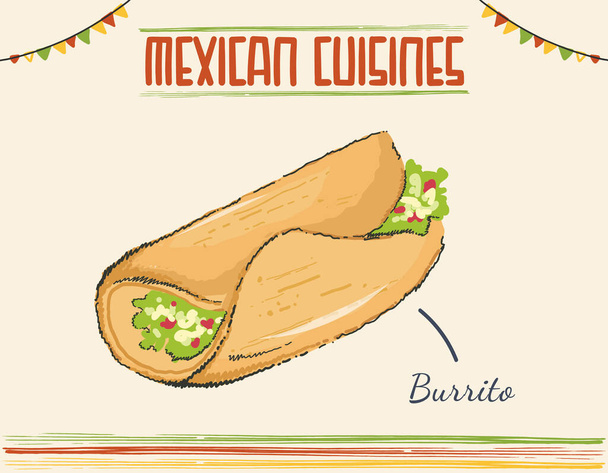 Mexikói burrito, tortilla töltött aprított carnitas és friss cilantro szalvétára, burrito, design logó étlapra gyorsétterem mexikói konyha. Vektor illusztráció vázlat firkált stílusban. - Vektor, kép