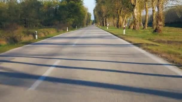 Napfényes autós utazás egyenes úton, árnyékok az út felett. - Felvétel, videó