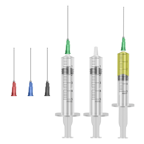 Realistic medical disposable syringe with needle. 3d plastic syringe with needle - Vector, imagen