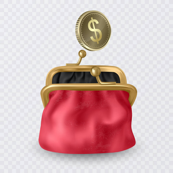 Red wallet in realistic style with a dollar coin, vector illustration - Vecteur, image