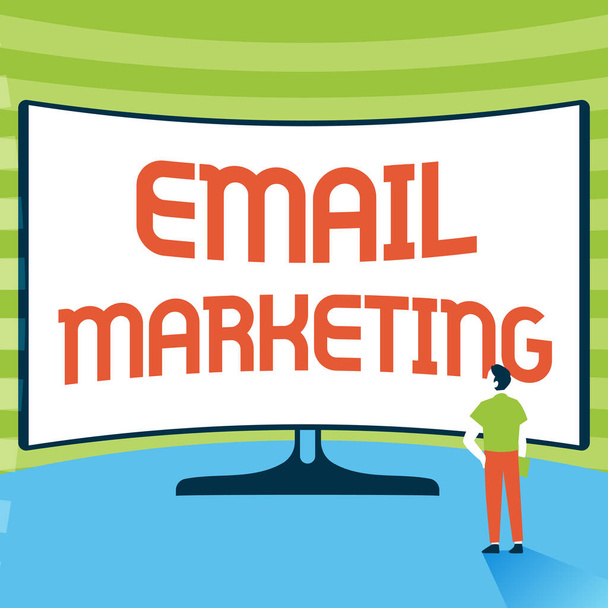 Writing displaying text Email Marketing. Business concept Sending a commercial message to a group of showing using mail Man Standing Illustration Standing Infront Of Huge Display Screen. - Photo, Image