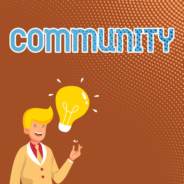 Hand writing sign Community. Concept meaning group of showing with a common characteristics living together Gentleman Drawing Standing Having New Idea Presented With Light Bulb. - Photo, Image