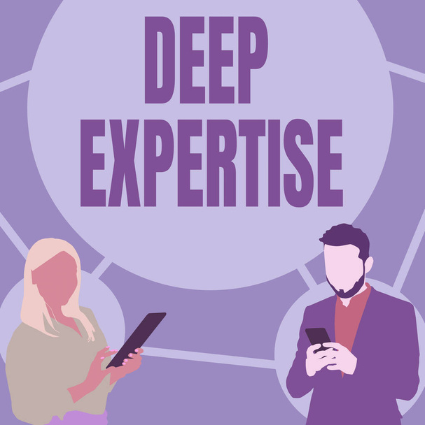 Концептуальная подпись Deep Expertise. Обзор бизнеса Большие навыки или широкие знания в определенной области или хобби Иллюстрация партнеров, занятых использованием смартфонов в поиске идей. - Фото, изображение