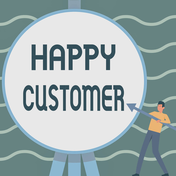 Text caption presenting Happy Customer. Business idea highest satisfaction rate with the commodity they bought Man Standing Holding Large Arrow Pointing To Big Circular Target. - Photo, Image