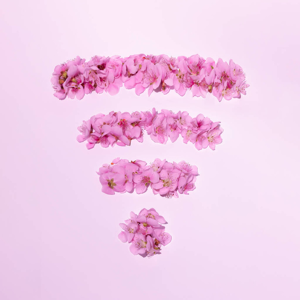 Концепція бездротового інтернет-символу з весняних квітів у формі символу WiFi на яскраво-рожевому тлі. Мінімальна ідея інтернет-технологій. Плоска композиція. Валентина або 8 березня
. - Фото, зображення