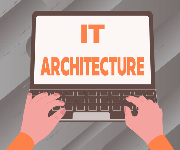 Textový rukopis It Architecture. Obchodní vitrína Architektura je aplikována na proces celkové struktury Ilustrace zaneprázdněné ruční práce na laptopu vyhledávání nápadů. - Fotografie, Obrázek