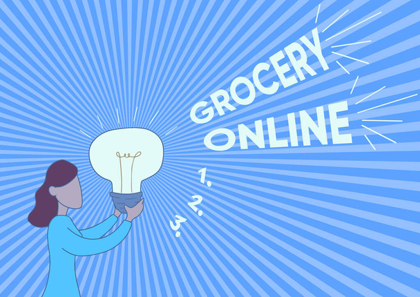 Текстовий знак, що показує продуктовий інтернет. Бізнес-концепція цифрова версія супермаркету, що приймає онлайн-замовлення Lady Standing Drawing Holding Light Up Показати нові ідеї
. - Фото, зображення
