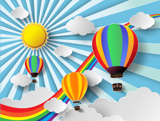 vector illustratie zonlicht op wolk met hete luchtballon. - Vector, afbeelding
