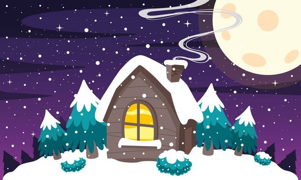 小さな家で冬のシーン - ベクター画像