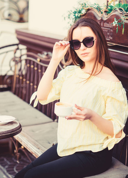 summer fashion. Starting day with good news. Meeting in cafe. good morning. Breakfast time. girl relax in cafe. Business lunch. stylish woman in glasses drink coffee. morning coffee. Waiting for date - 写真・画像