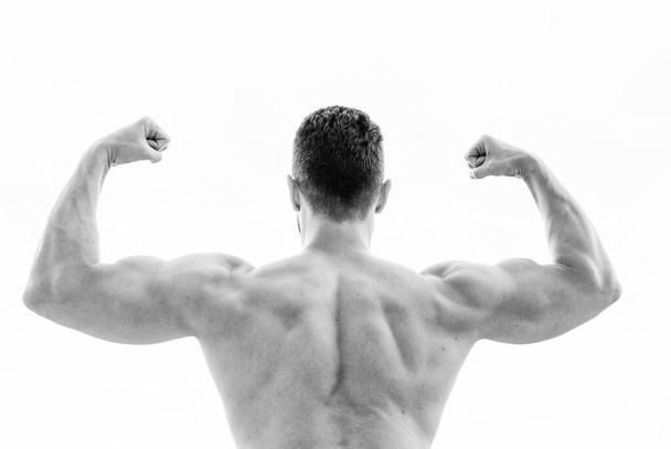 Achieve success. Successful athlete. Victory and success. Champion and winner concept. Sport motivation. Man celebrating success. Bodybuilder strong muscular back feeling powerful and superior - Photo, image