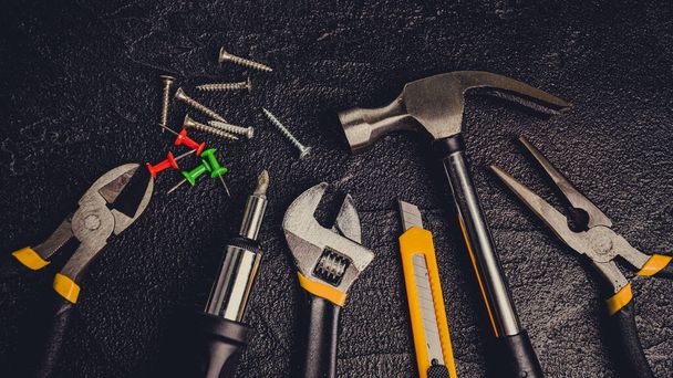 Basic Home Repair Tools On Black Background - Foto, immagini