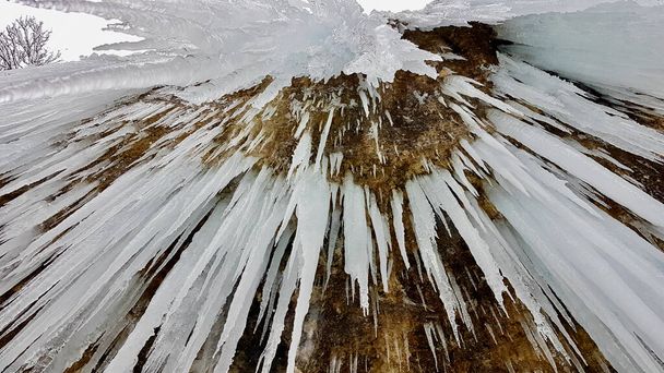 Close up of icicle at icefall Rotes Tor, Rankweil, Vorarlberg. Low angle view. - Photo, Image