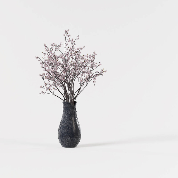 vaso decorativo in ceramica grigio fiore sakura isolato su sfondo bianco. - Foto, immagini