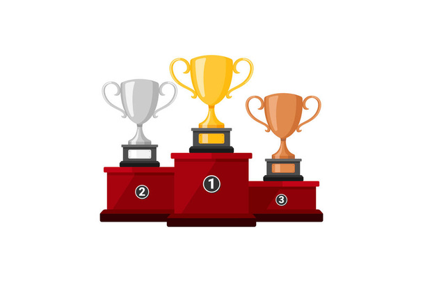 Ganadores podio con trofeos. Trofeos para los Campeones. Tres copas de campeón de vectores: trofeo de oro, plata y bronce - Vector, Imagen