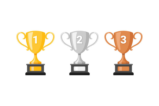 Gold silver bronze trophy cups. Game winner prize cups, goblet prize icons vector illustration. - Vector, Image