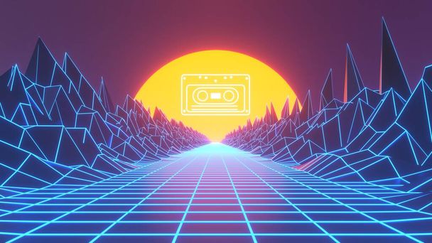 Strada al neon, tramonto e cassetta. Musica retrò anni '80 - synthwave. Illustrazione di rendering 3D vintage in colori blu.  - Foto, immagini