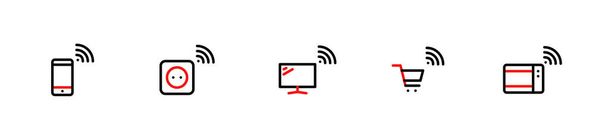Internet of things. Smart wireless connection devices. Phone, electric outlet, TV, shopping cart and a microwave oven. Pixel perfect, editable stroke - Vector, Image