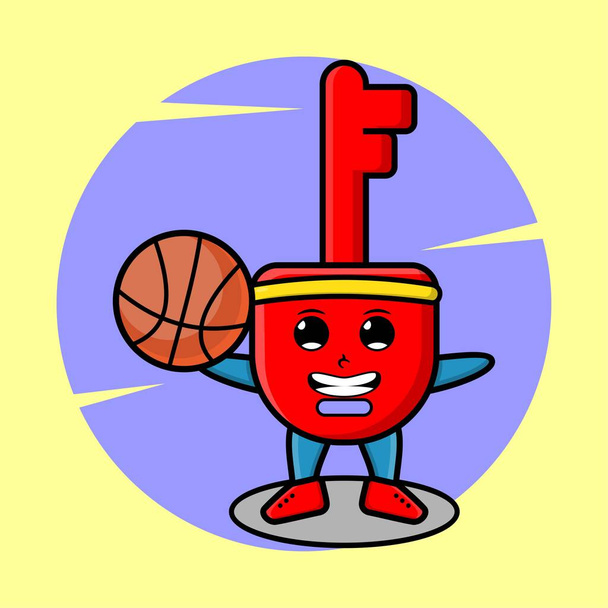 Χαριτωμένο κλειδί padlock μασκότ κινουμένων σχεδίων παίζει μπάσκετ σε μοντέρνο σχεδιασμό στυλ για t-shirt, αυτοκόλλητο, στοιχεία λογότυπο - Διάνυσμα, εικόνα