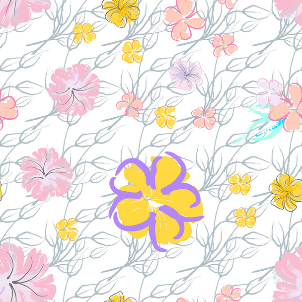 Pink Flowers Blooming Pattern. Pastel Watercolor Floral Print. Little Pink, Yellow, Lilac flower on grey leaf. Elegant brush Background. Seamless Botanical Vector Surface. Texture For Fashion Prints. - Вектор, зображення