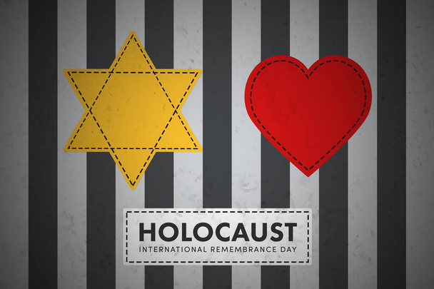 Estrella judía, rayas en traje de prisionero, Día Internacional de la Memoria del Holocausto, 27 de enero. World War II Remembrance Day. Estrella amarilla de los campos de concentración. - Foto, imagen