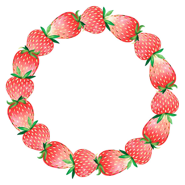 Strawberry wreath. Watercolor illustration. Isolated on a white background. For your design. - Фото, изображение