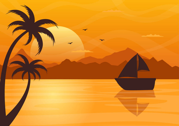 Sea Sunset Landscape of Sun Above Ocean with Clouds, Water Surface, Palm Tree and Beach in Flat Background Illustration for Poster, Banner or Background - Vector, imagen