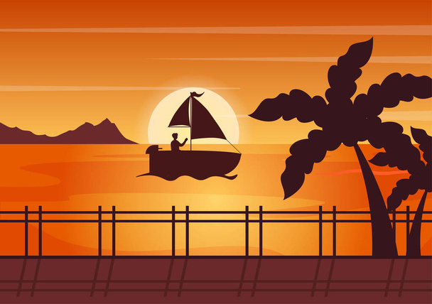 Sea Sunset Landscape of Sun Above Ocean with Clouds, Water Surface, Palm Tree and Beach in Flat Background Illustration for Poster, Banner or Background - Vektor, obrázek