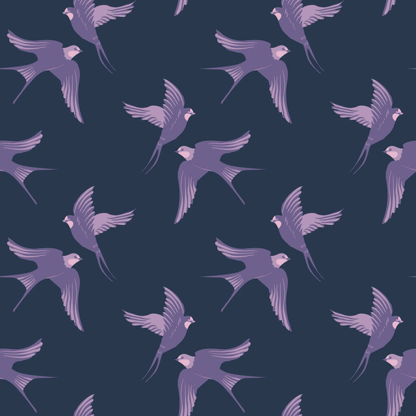 Vector seamless pattern with hand-draw birds. Pattern with swallows in purple colors. Simple and elegant pattern on navy blue background. - ベクター画像